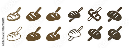 Variety of stylized bread icons in brown tones on white background