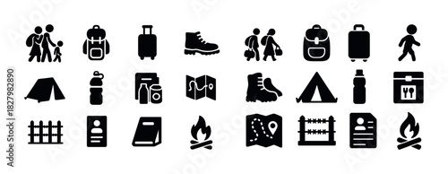 Camping icons: family, backpack, tent, hiking, campfire silhouettes