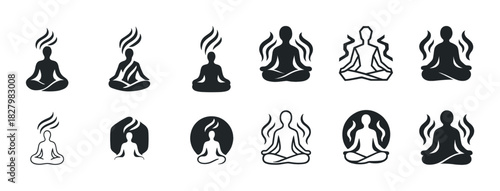 Meditation icons: stylized figures in various yoga poses with radiating energy symbols