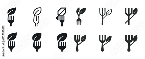 Eco-friendly fork icons with leaf designs in various styles