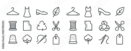 Fashion and sewing icons set: dress, shoes, leaf, thread, hanger, scissors, thimble, recycle
