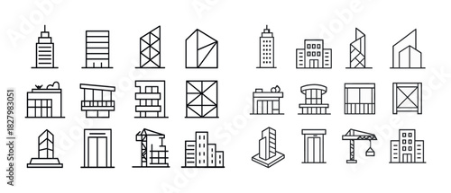 Minimalist set of modern building icons - skyscrapers, offices, apartments