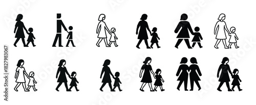 Silhouette family walk: adults and children walking together in various poses