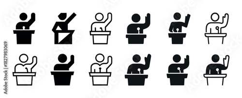 Icon set: diverse speaker silhouettes at podiums with raised hands