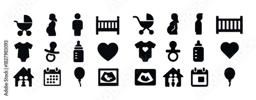 Baby and family icons collection: stroller, bottle, crib, heart, house, balloon, calendar