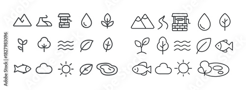 Minimal nature icons: trees, mountains, fish, clouds, leaves