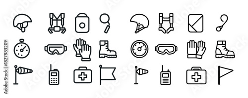 Set of 24 adventure and safety icon illustrations in bold outline style