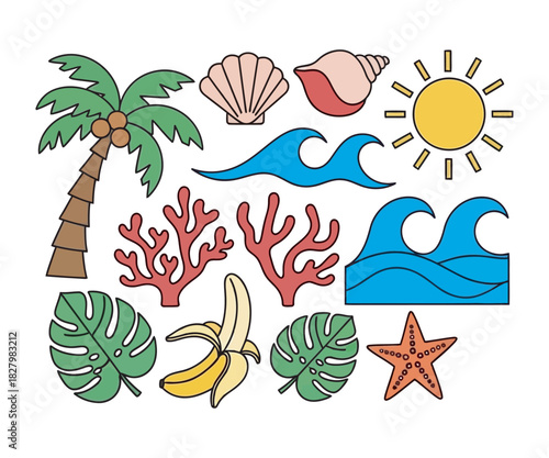 Collection of diverse summer beach vacation elements in a vector sticker set, perfect for tropical holiday designs Vector