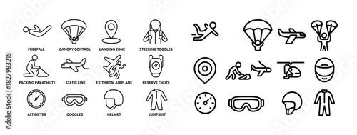 Skydiving icons set: equipment, techniques, and parachute elements