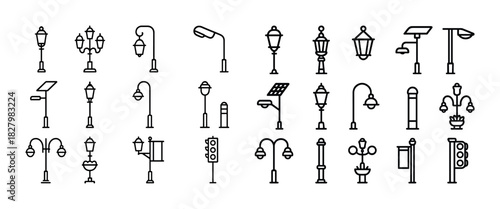 Collection of various street lamp and traffic signal icons in simple line art