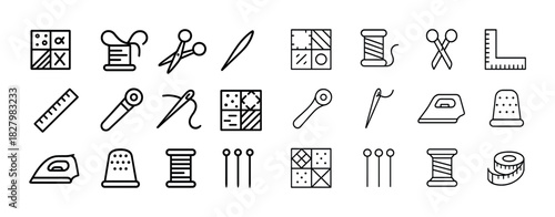 Sewing and quilting tools icon set with needles, scissors, and thread spools