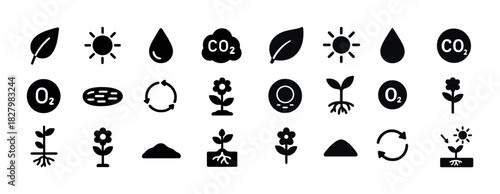 Environmental icons set: leaf, sun, water drop, co2, cycle, seedling, flower