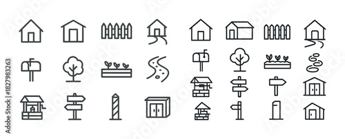 Minimalist outdoor icon set: house, tree, mailbox, fence, signpost