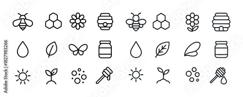 Bee icons and nature symbols set: honey, flowers, leaves, jars, drops