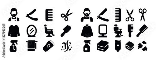 Barber shop icons: scissors, comb, mirror, chair, razor, spray, brush, clippers, towel