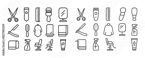 Barber shop tools and accessories line icons collection