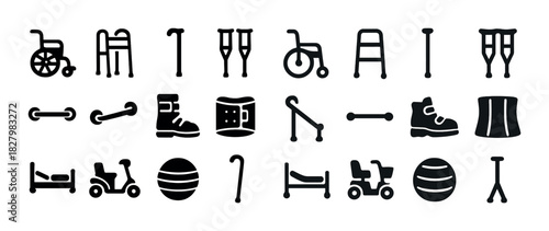 Medical mobility equipment icons: wheelchair, crutches, walker, boots, bed, scooter, cane