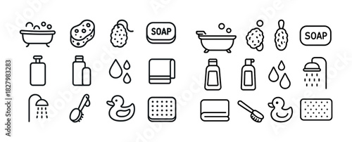 Bathroom essentials icon set: bathtub, soap, shower, towels, duck
