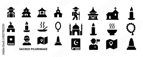 Sacred pilgrimage icons set including mosque, temple, church, candle, map, pilgrim, rosary, kettle