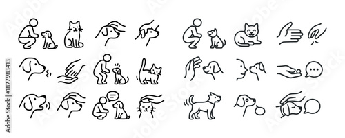 Illustrated animal and human interaction icons set