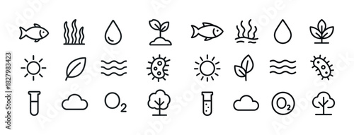 Environmental icons: fish, plants, sun, bacteria, water, oxygen, nature symbols