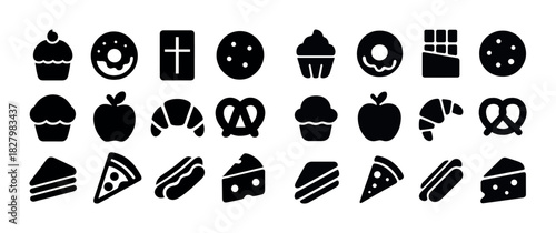 Assorted food icons: cupcake, donut, croissant, pizza, cheese, chocolate, and more