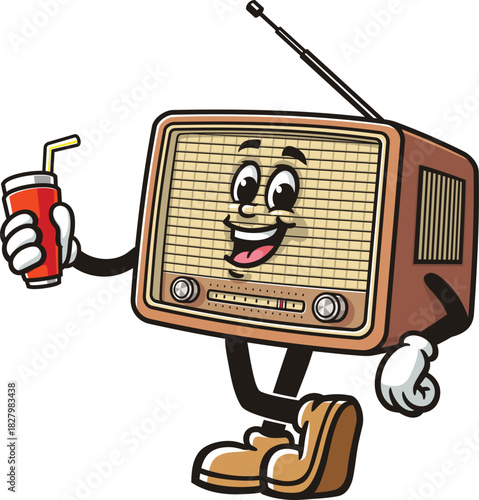 Radio mascot cartoon holding a soft drink