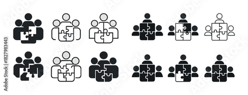 Collaborative teamwork icons: puzzle piece people in monochrome design