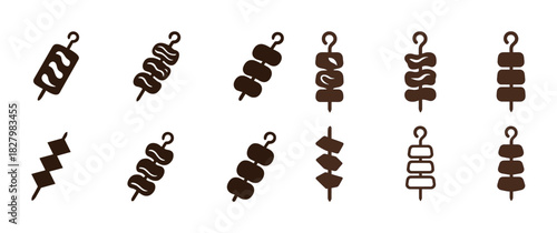 Assorted skewers icons set: diverse brown symbolic designs for food graphics