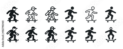 Skateboard silhouettes icon set with various poses and styles