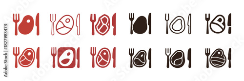 Minimalist food icon set: fork, knife, meat, egg, chicken designs