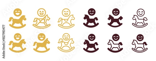 Smiling cartoon rocking horse icons in brown and yellow variations