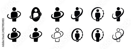 Abstract human figural icons in various orbiting designs