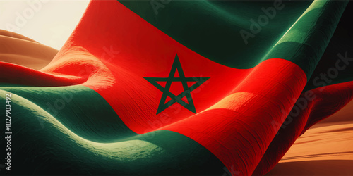 Waving Moroccan flag with green star emblem over desert dunes, detailed patriotic background for travel, independence and celebration designs