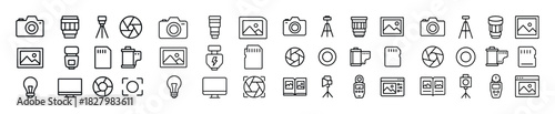 Camera equipment line icons set: photography tools and accessories