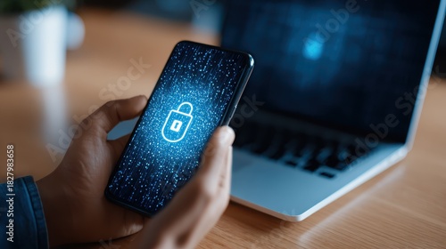 Digital Security Concept with Smartphone Displaying Lock Icon and Laptop in Background for Cyber Protection and Online Privacy Illustration