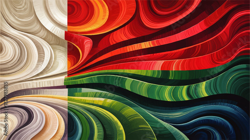 Colorful abstract swirl background with red green blue waves and beige curves, modern vibrant flowing lines artistic texture