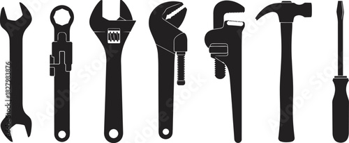 Collection of essential black silhouette hand tools including various wrenches, hammer, and screwdriver, isolated on white background Vector