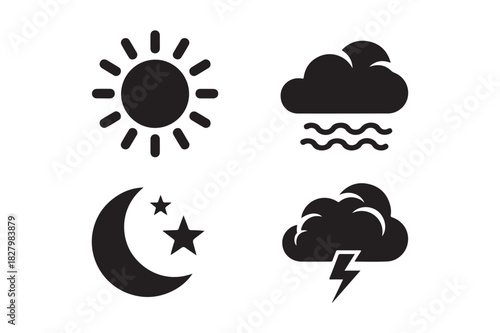 Four simple weather icons sun rain night sky and thunderstorm