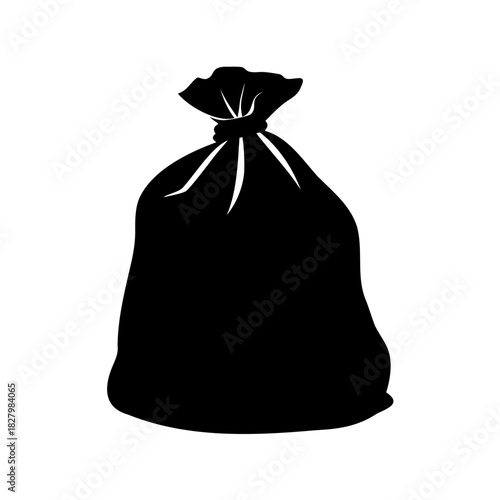 A simple black silhouette of a tied garbage bag or sack
