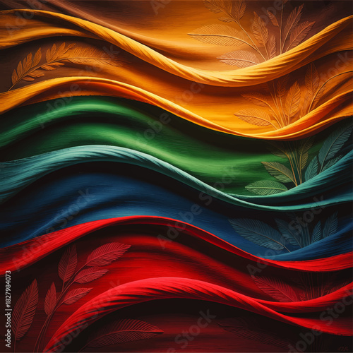 Colorful abstract fabric waves with tropical leaf pattern, multicolored flowing textile background for modern design and elegant decor