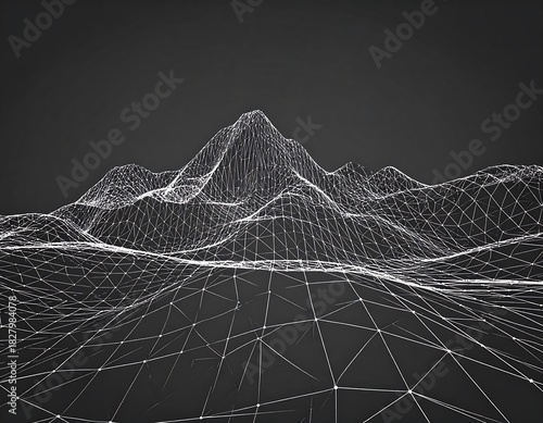 Digital low-poly mountain range with a dark grey background, featuring white gridlines and vertices in a landscape format
