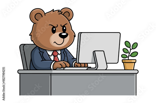 A cartoon bear wearing a suit works at a computer on a desk.