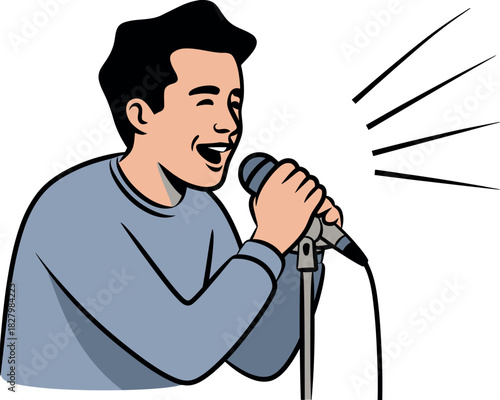 A man happily sings into a microphone on a stand.