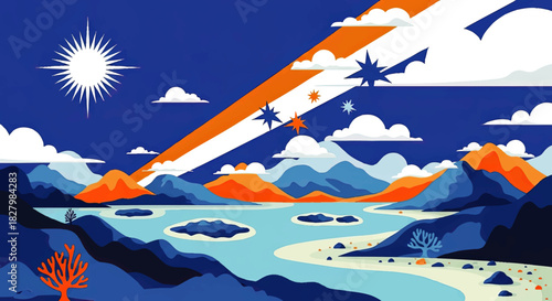 Vibrant surreal landscape illustration with blue mountains, orange hills, shining sunburst and dreamy river under cosmic sky