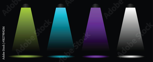 Dynamic array of vibrant stage spotlights illuminating a dark background with colorful light beams, creating an exciting atmosphere