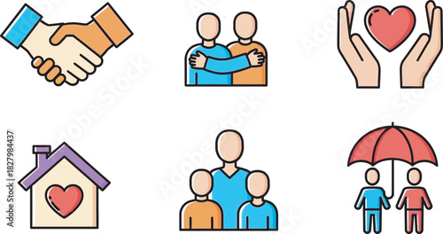 Social connection, partnership, love, family, home, care, protection, and community concept icon set on white Vector