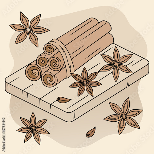 Cinnamon sticks and star anise on a wooden surface.