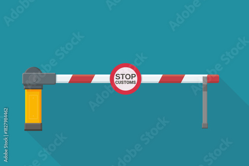 A red and white striped barrier gate with STOP CUSTOMS Sign in the closed position, with long shadow effect. Concept for access control or security. (Flat design)