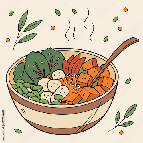 Colorful Vegan Bowl with Fresh Vegetables and Tofu.